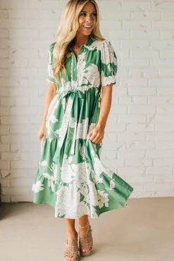 Rickrack Trimmed Print Henley Dress | Green
