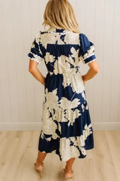 Rickrack Trimmed Print Henley Dress | Navy