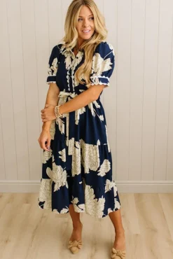 Rickrack Trimmed Print Henley Dress | Navy