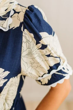 Rickrack Trimmed Print Henley Dress | Navy