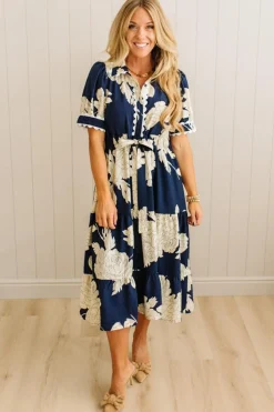 Rickrack Trimmed Print Henley Dress | Navy