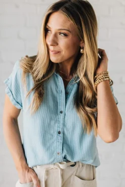 Striped Tencel Button Front Top