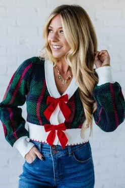 Velvet Bow Plaid Sweater