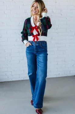 Velvet Bow Plaid Sweater