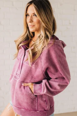 Zip Henley Acid Wash Fleece Hoodie