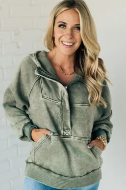 Zip Henley Acid Wash Fleece Hoodie