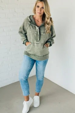 Zip Henley Acid Wash Fleece Hoodie