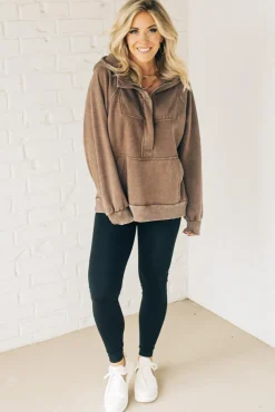 Zip Henley Acid Wash Fleece Hoodie