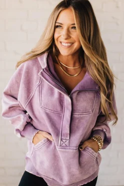 Zip Henley Acid Wash Fleece Hoodie